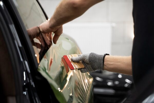 A person is wrapping a car